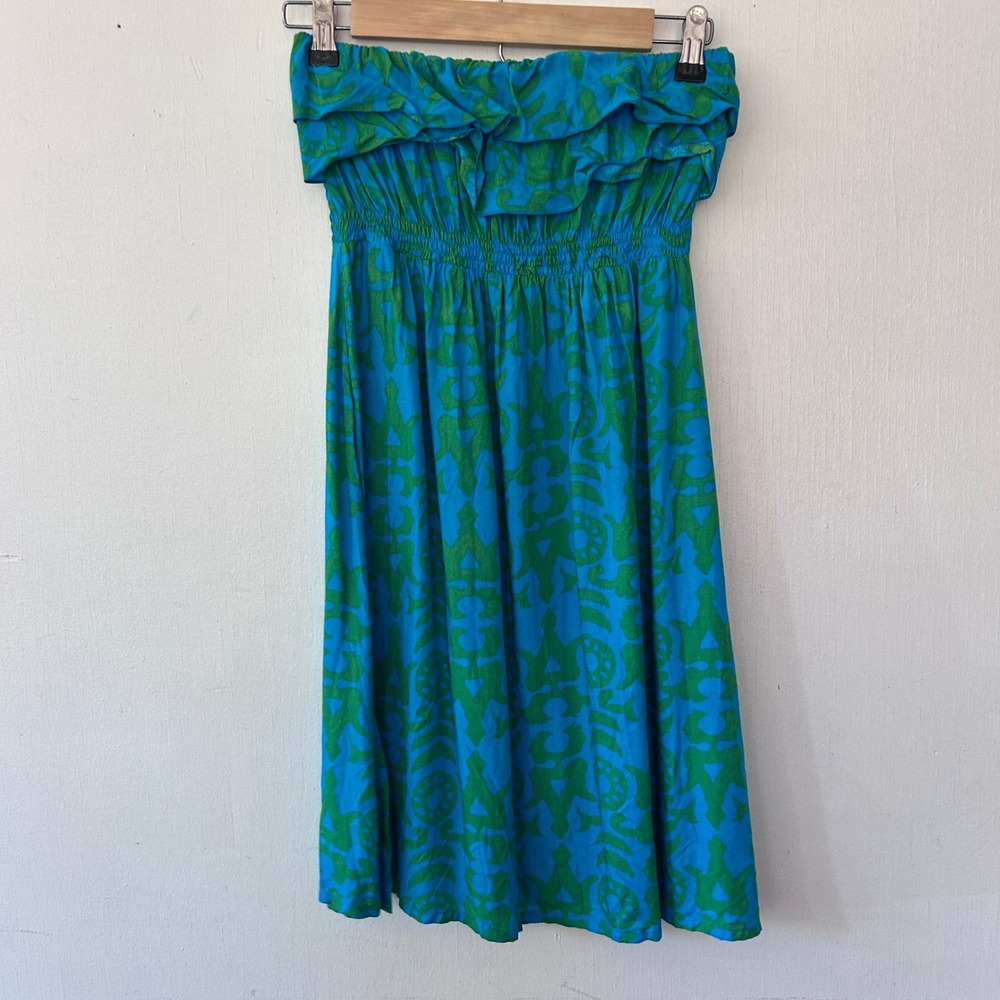 Escapada Strapless Dress Womens Small Blue Green Ruffle Smocked Tropical Boho